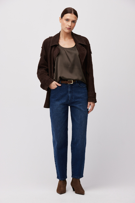 Tmavě modré barrel džíny s vysokým pasem