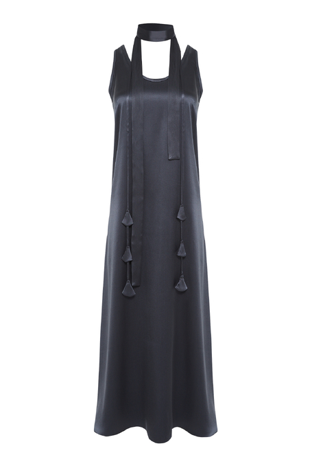 Šedé hedvábné midi šaty s třásněmi - Patrizia Aryton