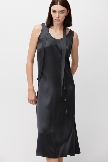 Šedé hedvábné midi šaty s třásněmi - Patrizia Aryton