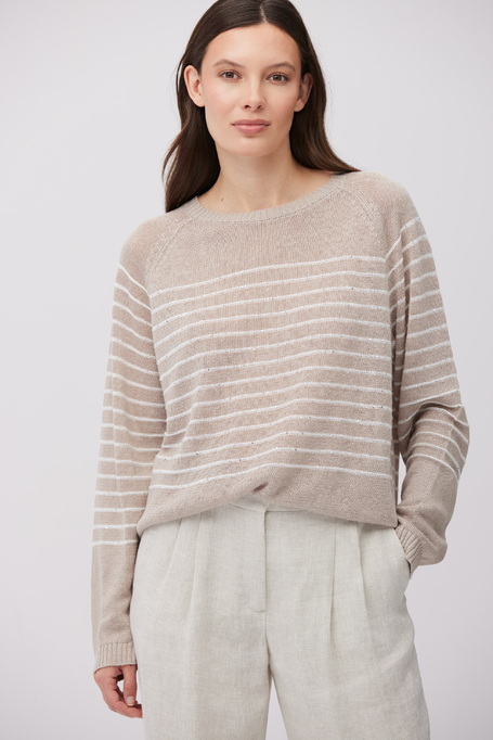 Béžový lněný svetr s bílými proužky - Patrizia Aryton