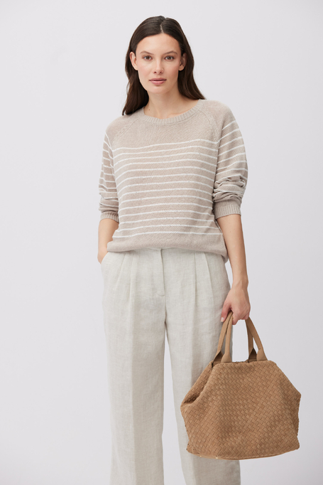 Béžový lněný svetr s bílými proužky - Patrizia Aryton